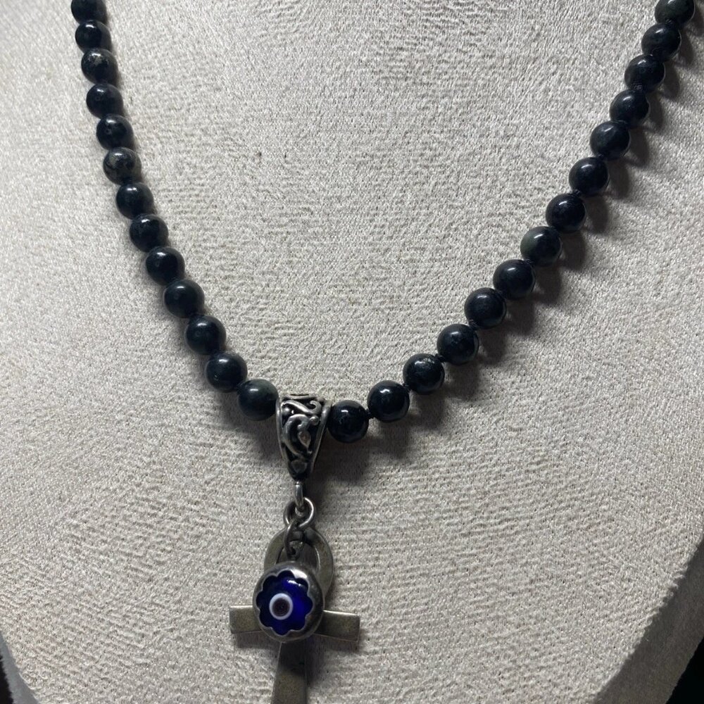 Sterling Silver Necklace with Ankh Pendant & Black Nephrite Jade Beads 925